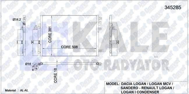 KALE 345285 Klima Radyatoru Dacia Sandero 1.4i-1.6 I 16v Benzinli 08> Logan I 1.4i-1.6i 04> (Oto.-Mek.) (Al/Al) (Kurutucu Ile)